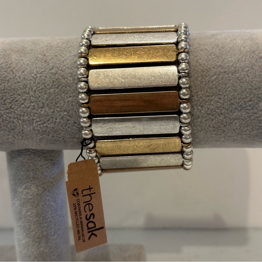 NWT The Sak Bracelet- antiqued silver & gold tone, stretch, wide - Picture 4 of 11